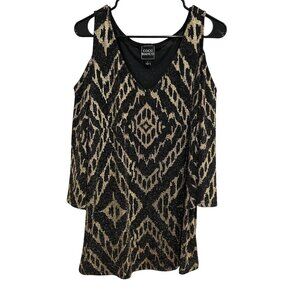 Coco Bianco Womens Cold Shoulder Tunic Dress Black Gold Geometric Print Sz Large